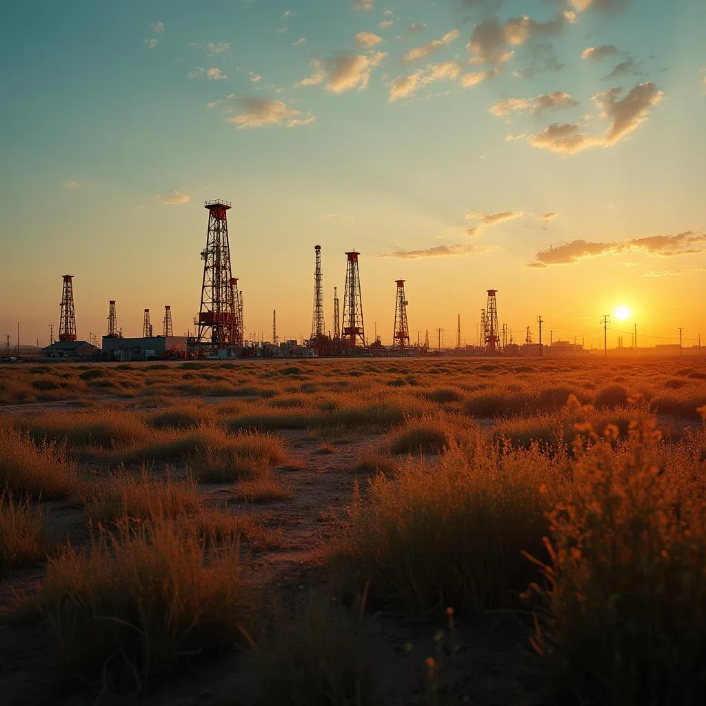 Paisaje panorámico de un campo petrolero argentino al amanecer